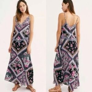 Free People Black & Lavender Floral Maxi Slip Dress